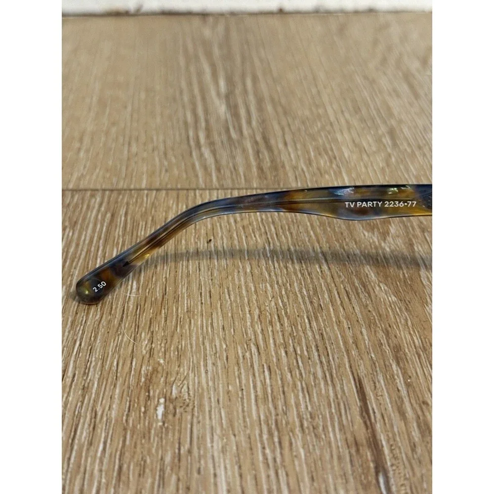 Eyebobs glasses frame TV Party Amber with blue & yellow camo pattern arms